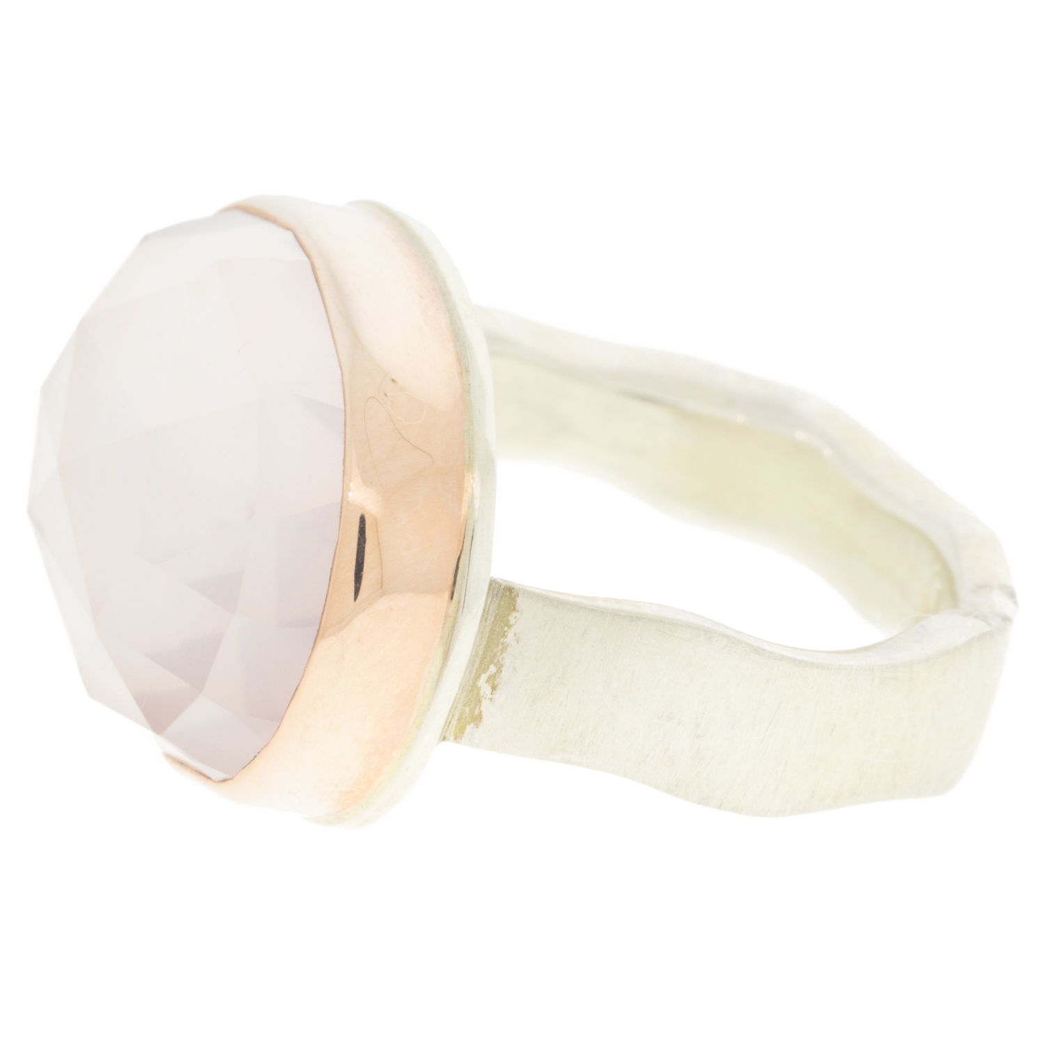 Jamie Joseph: Ring, Oval rose cut, 14K rose gold bezel set rose quartz, Sterling silver live edge band, Stone measures 9/16 x 3/4, Currently available in size 7 1/4