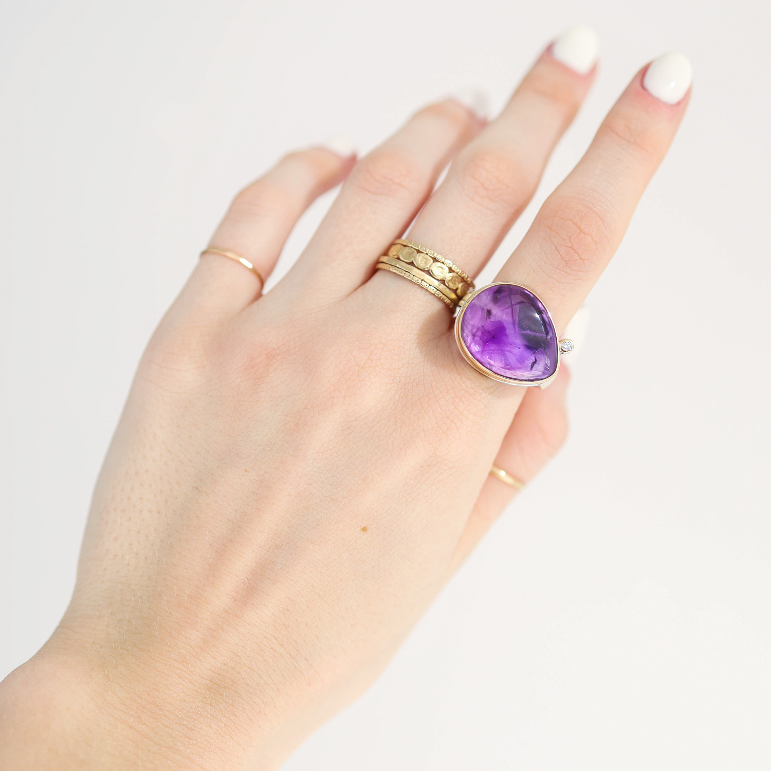 Jamie Joseph: Ring, SS & 14K gold ring w/Teardrop smooth AMETHYST & .03 ct Satellite diamond on Y Band size 7.5, 5/8" x 3/4"