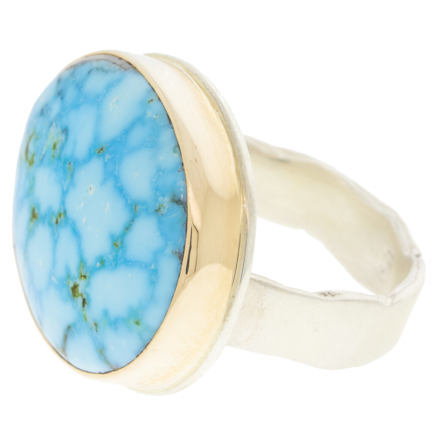 Jamie Joseph: Ring, Large oval, 14K gold bezel set Kingman Turquoise, Sterling silver wide eroded live edge band, Stone measures 11/16 x 13/16, Currently available in size 7 3/4