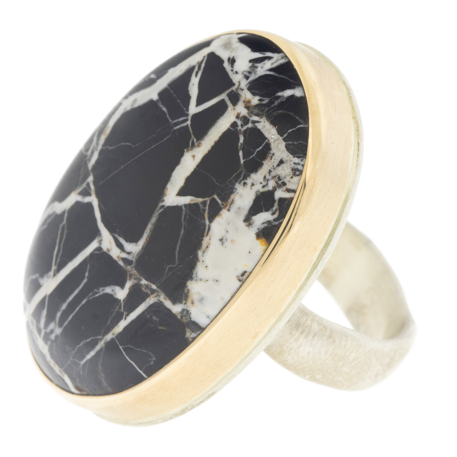 Jamie Joseph: Ring, Large oval, 14K rose gold bezel set white buffalo turquoise, Sterling silver groovy band, Stone measures 1 3/16 x 13/16, Currently available in size 8