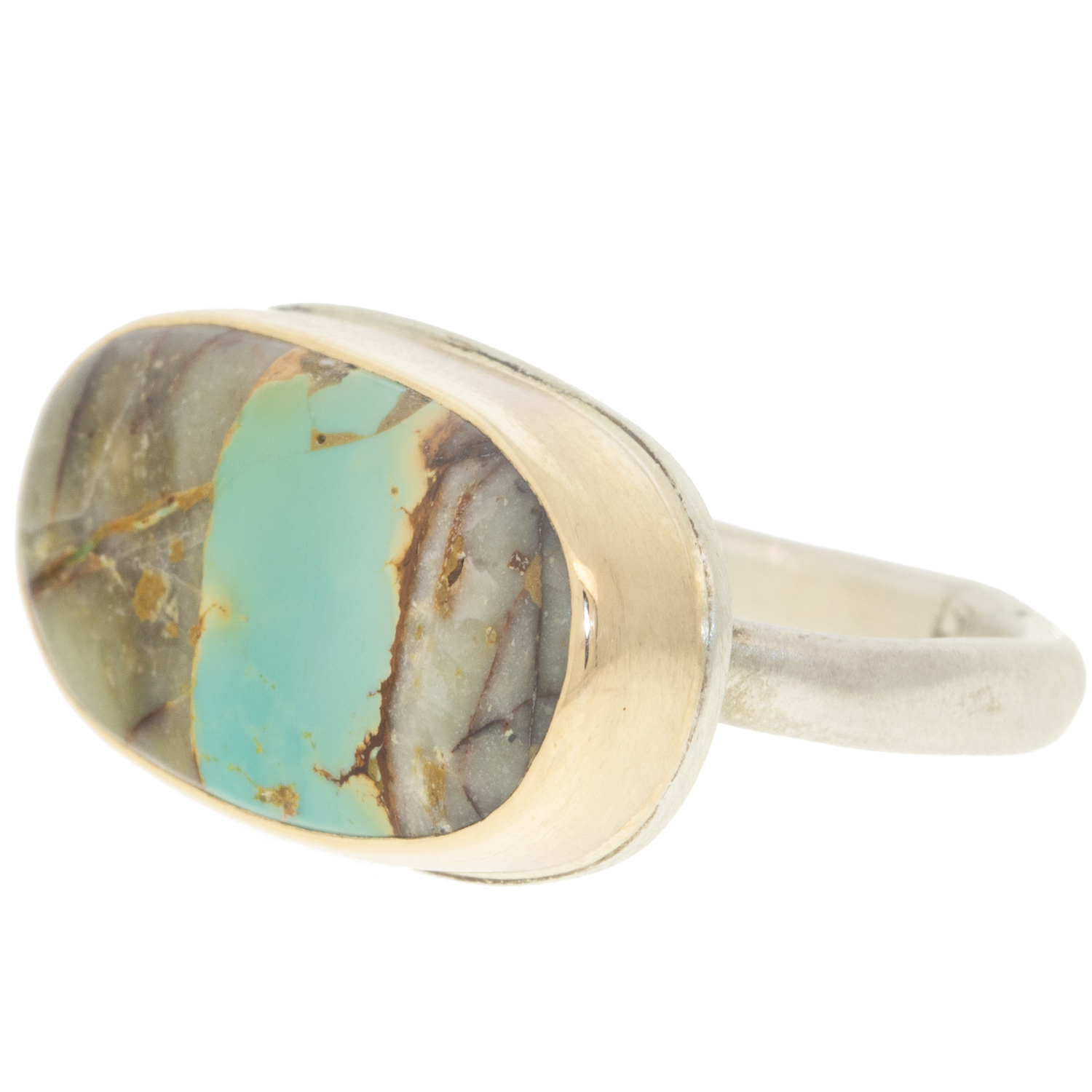 Jamie Joseph: Ring, Oval, 14K gold bezel set Royston turquoise, Sterling silver middle organic band, Stone measures 7/16 x 7/8, Currently available in size 6 3/4