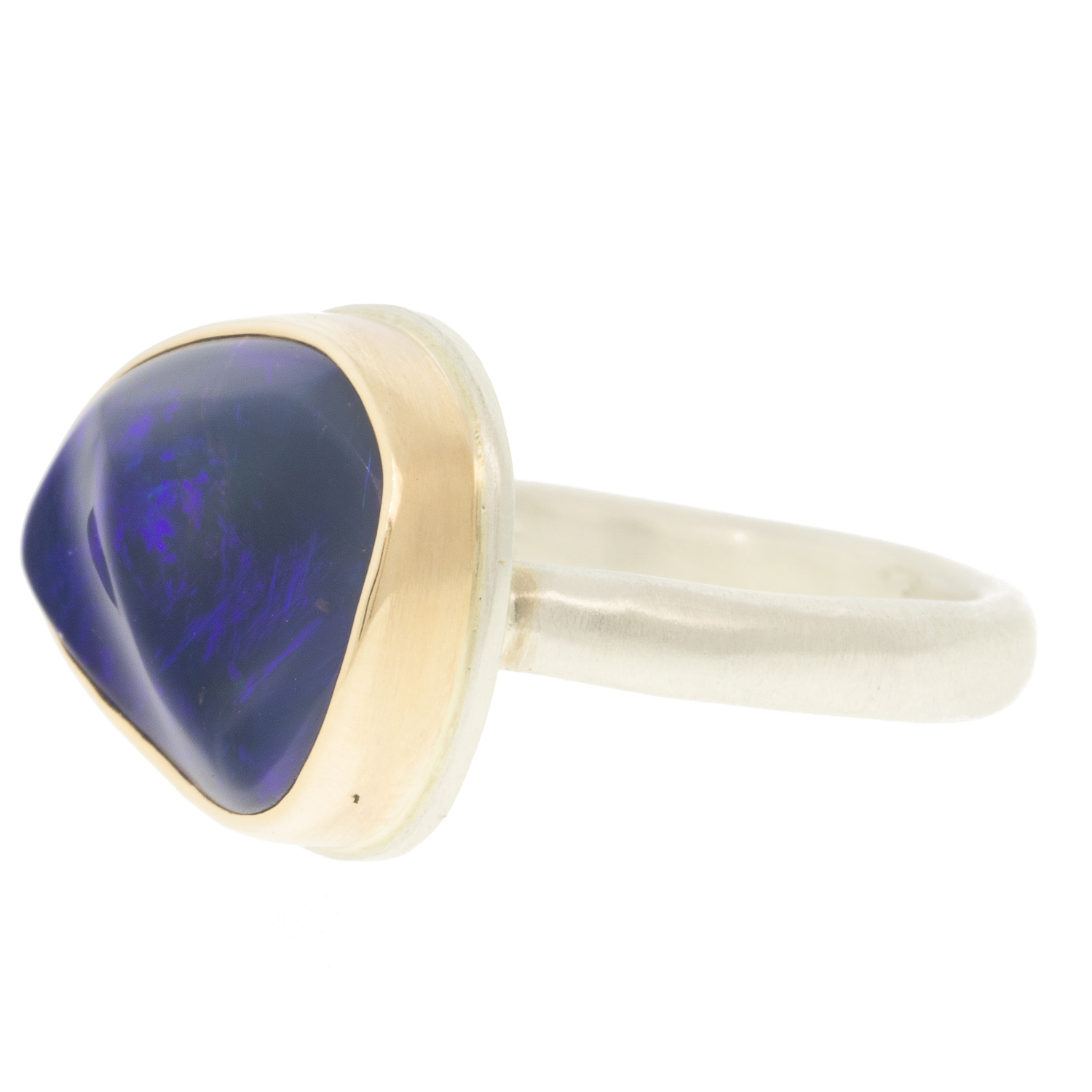 Jamie Joseph: Ring, SS & 14K gold ring w/Small Teardrop AUSTRALIAN CRYSTAL OPAL on Middle Organic Band sz. 7, 7/16" x 5/8"