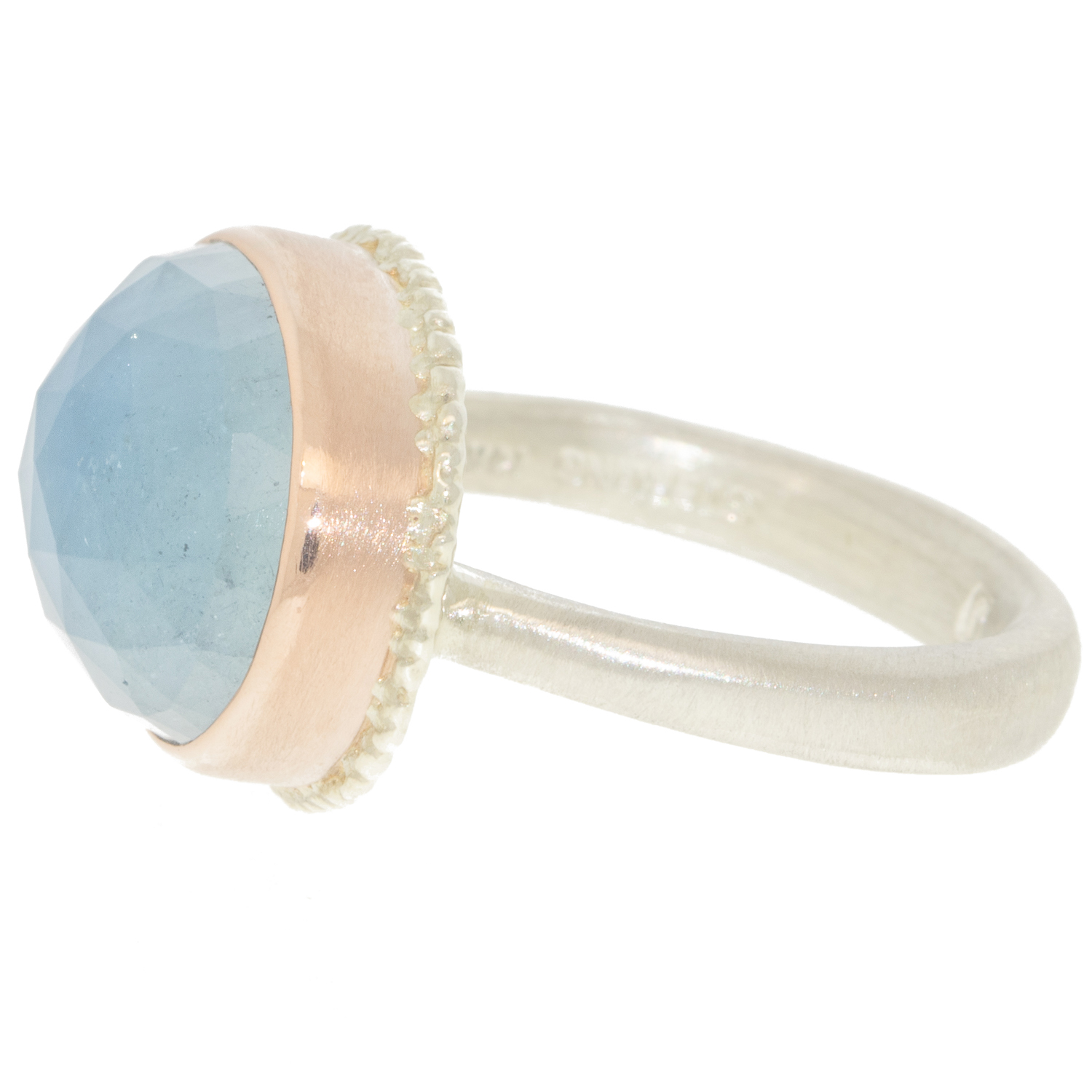Jamie Joseph: SS & 14k rose gold ring with small Oval Rose Cut AQUAMARINE on Lava Platform and Egyptian Band, sz 7, 7/16" x 5/8"