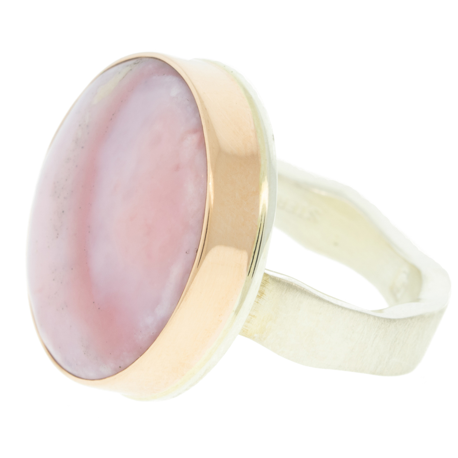 Jamie Joseph: Ring, SS & 14K rose gold ring w/Round Smooth PINK PERUVIAN OPAL on Live Edge Band sz. 7, 13/16" in diameter