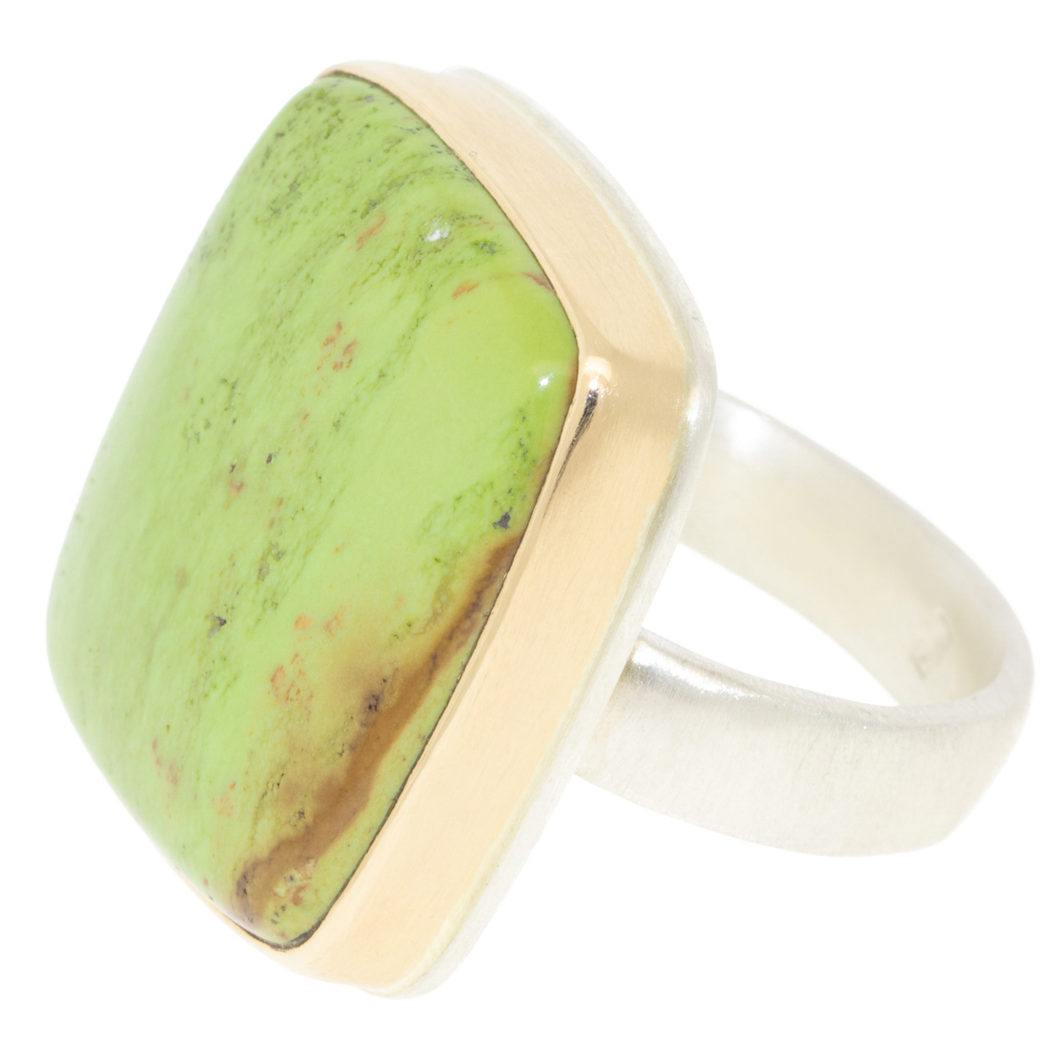 Jamie Joseph: Ring, SS & 14K gold ring w/Vertical Rectangular GASPEITE on Comfort Band, sz. 8.5, 7/8" x 3/4"