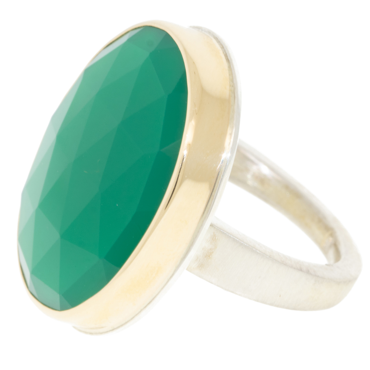Jamie Joseph: Ring, Vertical oval rose cut, 14K gold bezel set green onyx, Sterling silver tapered X band, Stone measures 15/16 x 3/4, Currently available in size 7 1/4