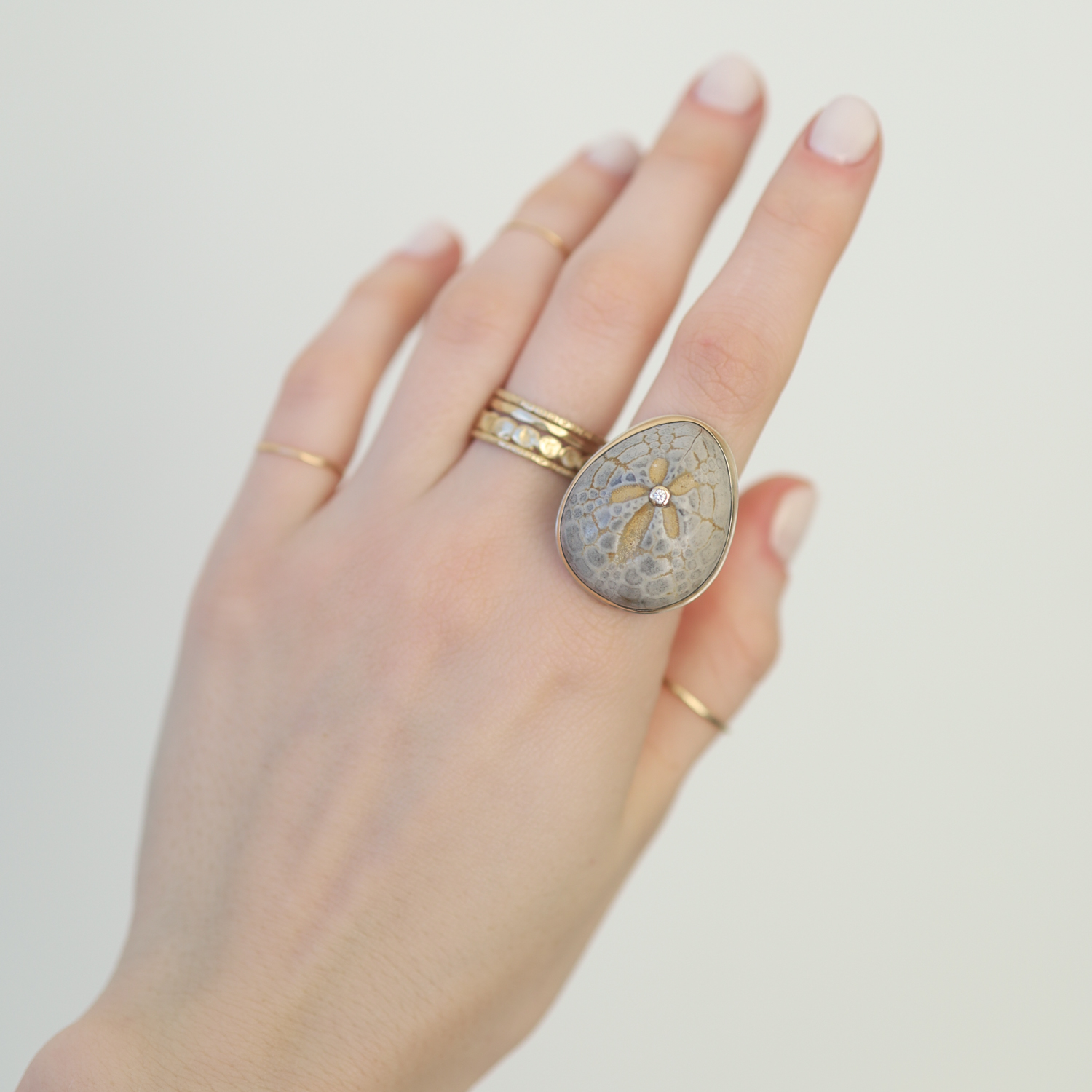 Jamie Joseph: Ring, 14K gold Fossilised Sea Urchin,.03CT Diamond,comfort band,size 8.5, Measures 1 x 13/16
