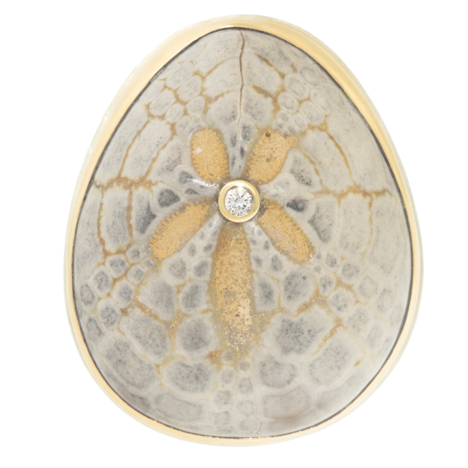 gold and silver ring with fossil and diamond by jewelry designer Jamie Joseph