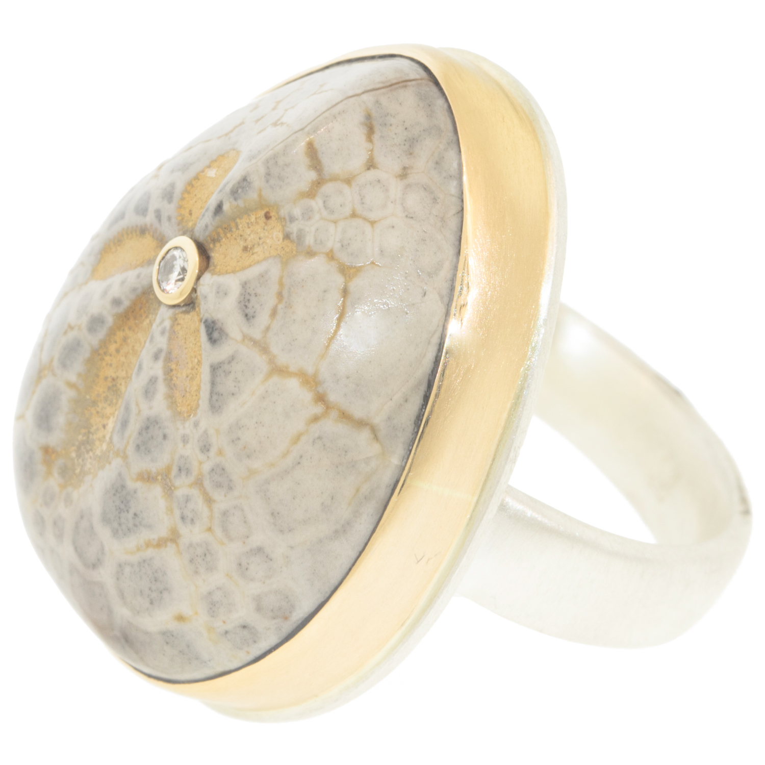 Jamie Joseph: Ring, 14K gold Fossilised Sea Urchin,.03CT Diamond,comfort band,size 8.5, Measures 1 x 13/16