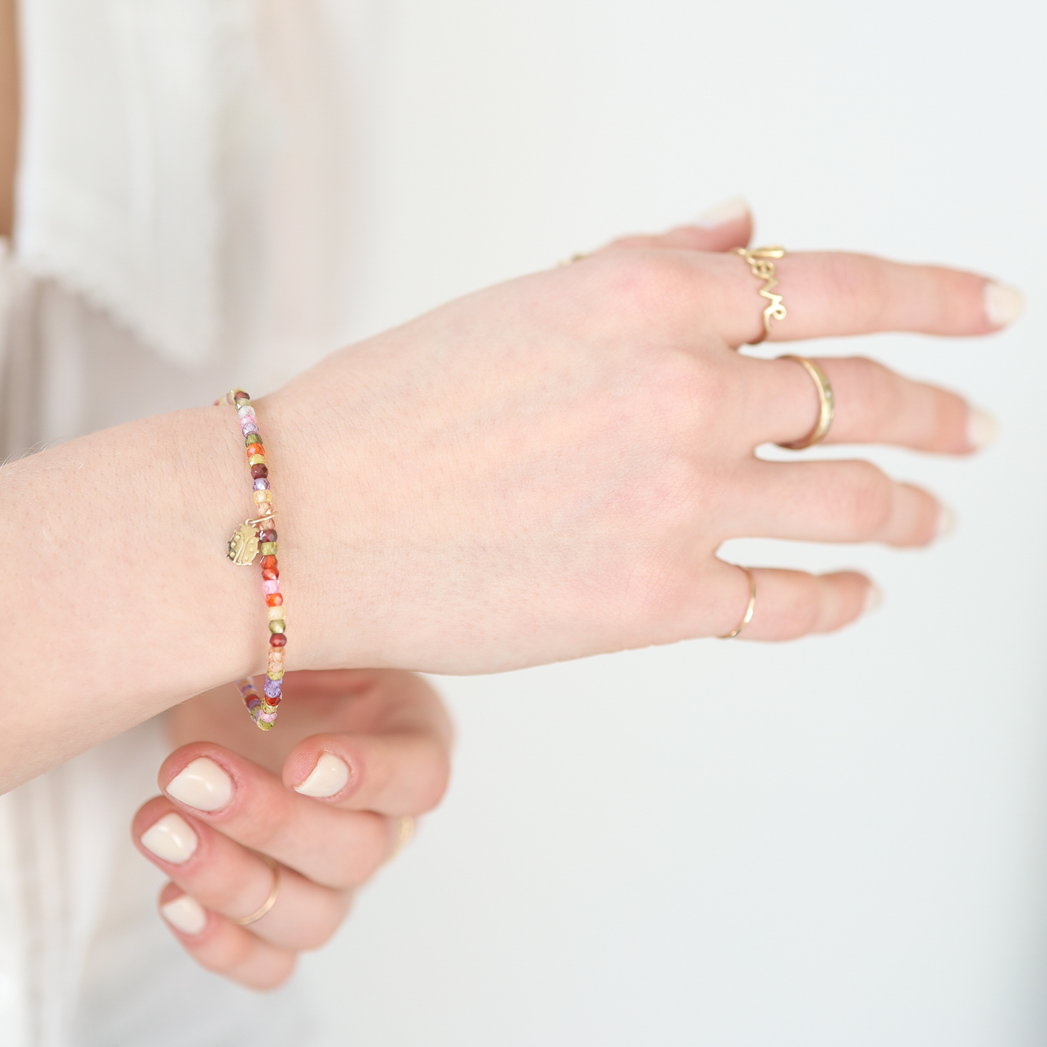 Sydney Evan: Bracelet, Tiny pure LADYBUG charm multi gemstone beaded bracelet ,14K yellow gold, Measures 6 1/2 in circumference