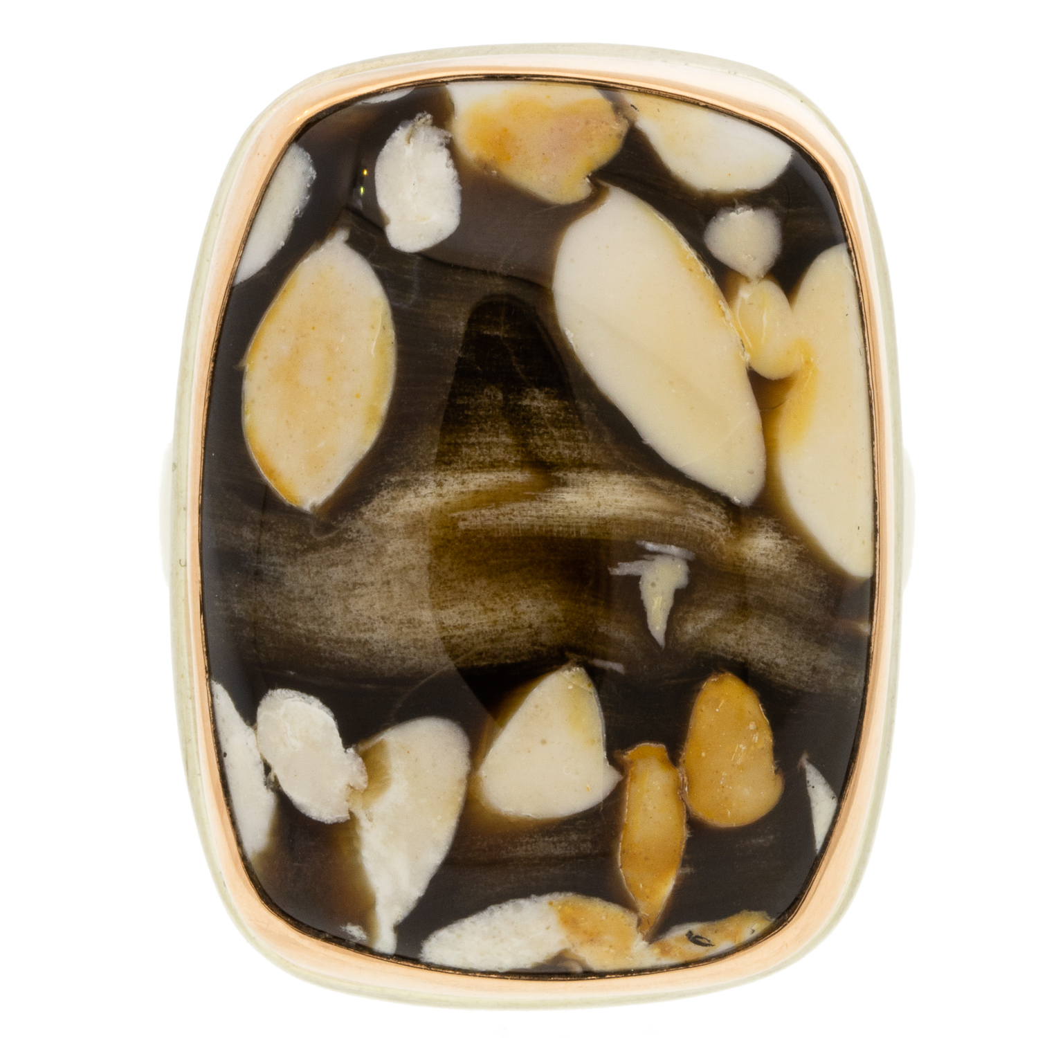 Jamie Joseph: SS and 14k Rose Gold Ring w/ Vertical Rectangular FOSSILIZED PEANUT WOOD comfort band