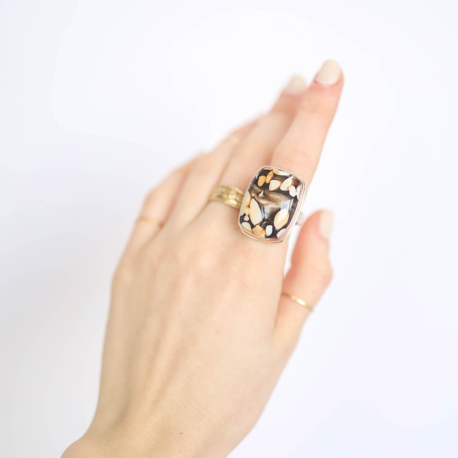 Jamie Joseph: SS and 14k Rose Gold Ring w/ Vertical Rectangular FOSSILIZED PEANUT WOOD comfort band