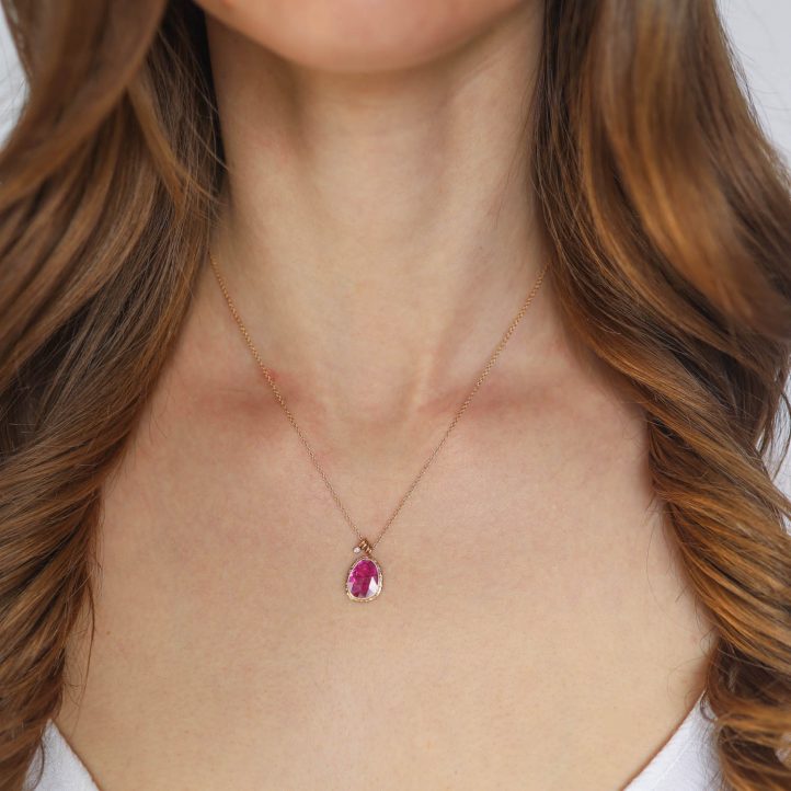 Jamie Joseph Trunk Show: 14K Gold Necklace w/ Asymmetrical Rose Cut MOZAMBIQUE RUBY on Ruffled Platform w/ .025 ct Diamond Accent & Triple Sliding Rings (17")