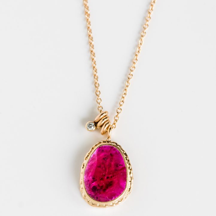 Jamie Joseph Trunk Show: 14K Gold Necklace w/ Asymmetrical Rose Cut MOZAMBIQUE RUBY on Ruffled Platform w/ .025 ct Diamond Accent & Triple Sliding Rings (17")