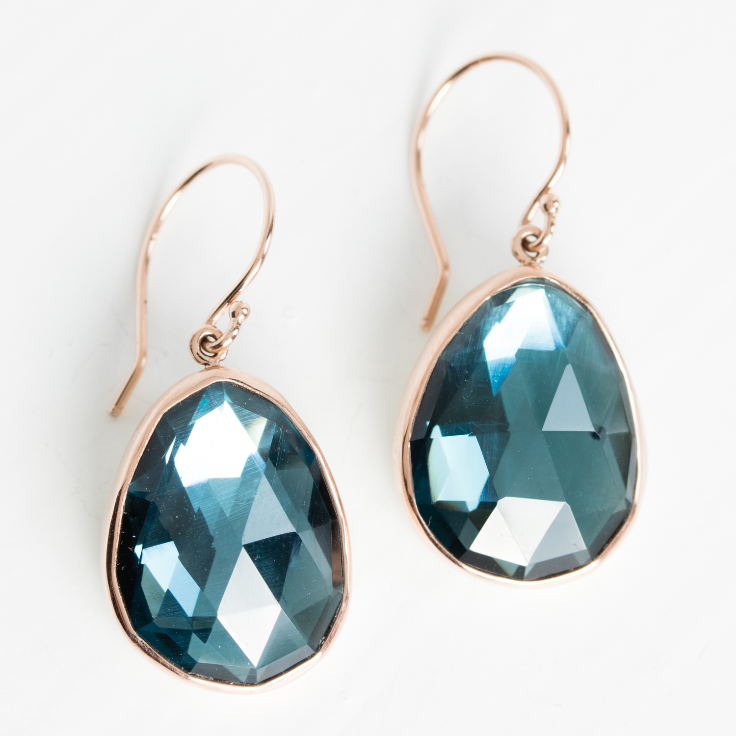 Jamie Joseph Trunk Show: Sterling & 14K Rose Gold Earrings w/ Asymmetrical Rose Cut LONDON BLUE TOPAZ in Sterling Backed Gold Bezel