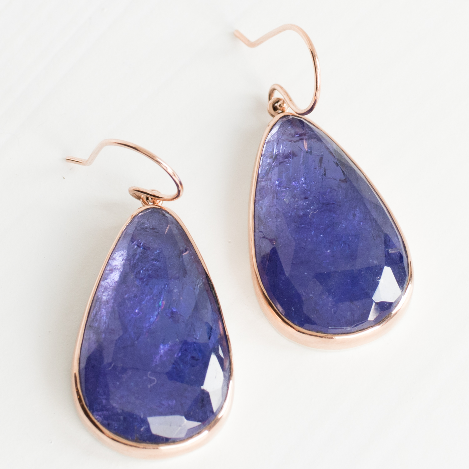 Jamie Joseph Trunk Show: Sterling & 14K Rose Gold Earrings w/ Teardrop Rose Cut TANZANITE in Sterling Backed Gold Bezel