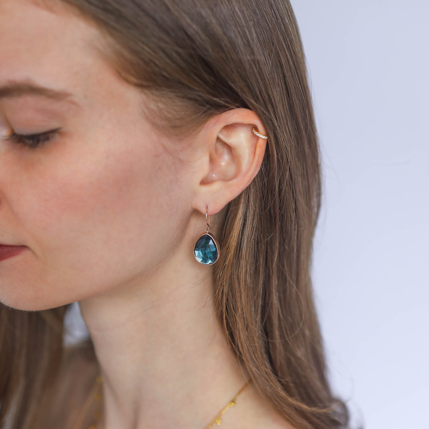 Jamie Joseph Trunk Show: Sterling & 14K Rose Gold Earrings w/ Asymmetrical Rose Cut LONDON BLUE TOPAZ in Sterling Backed Gold Bezel