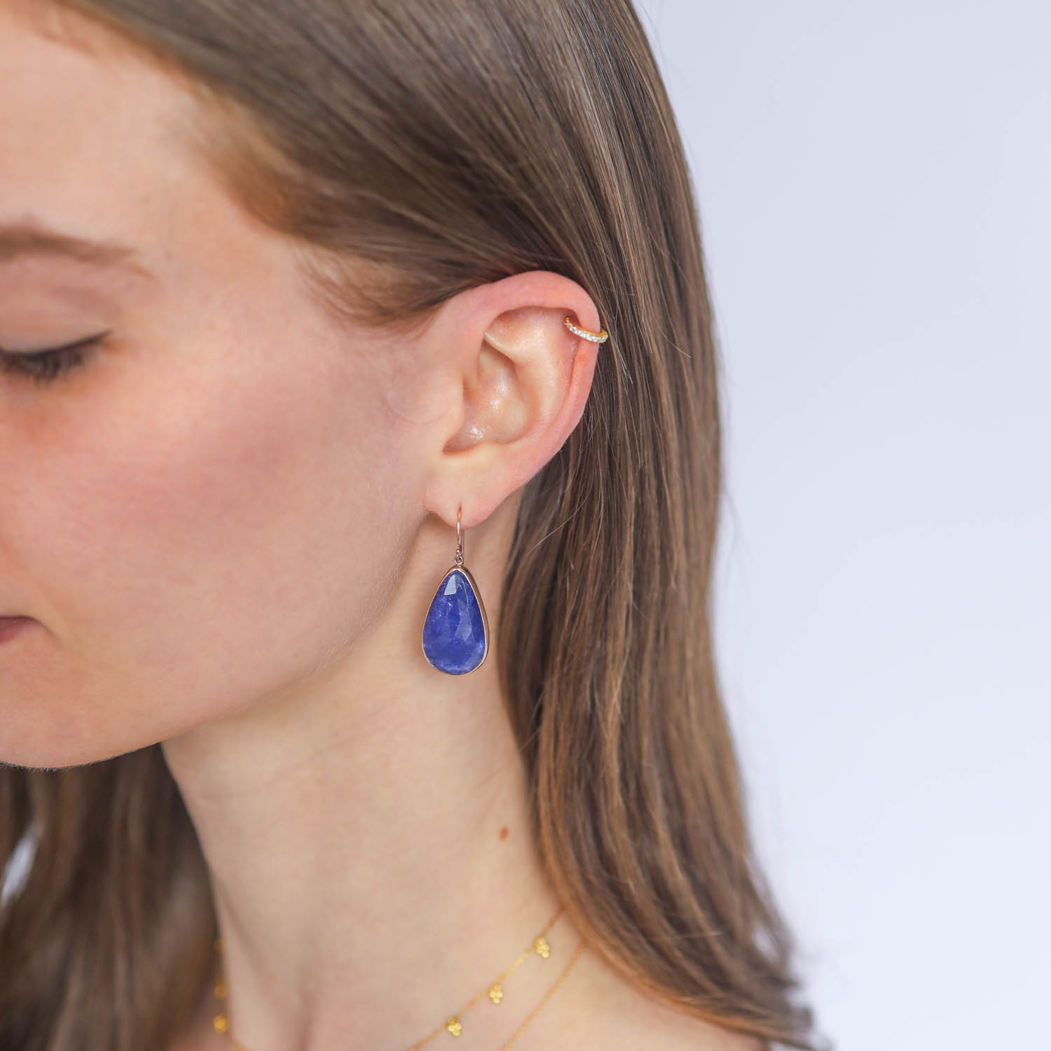 Jamie Joseph Trunk Show: Sterling & 14K Rose Gold Earrings w/ Teardrop Rose Cut TANZANITE in Sterling Backed Gold Bezel
