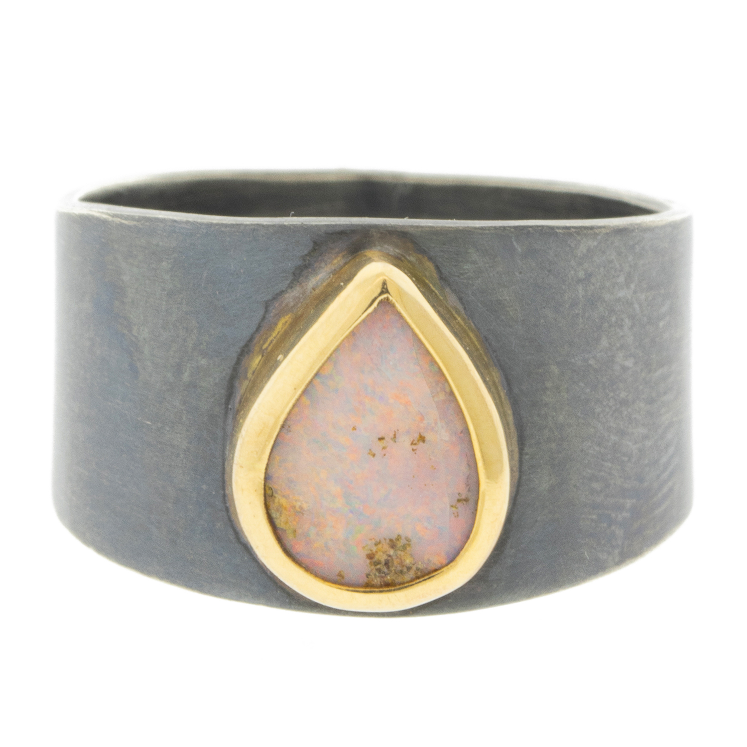 Melissa Joy Manning: Limited edition 14K gold & Oxidized silver cigar band,Opalized fossil wood,size 6