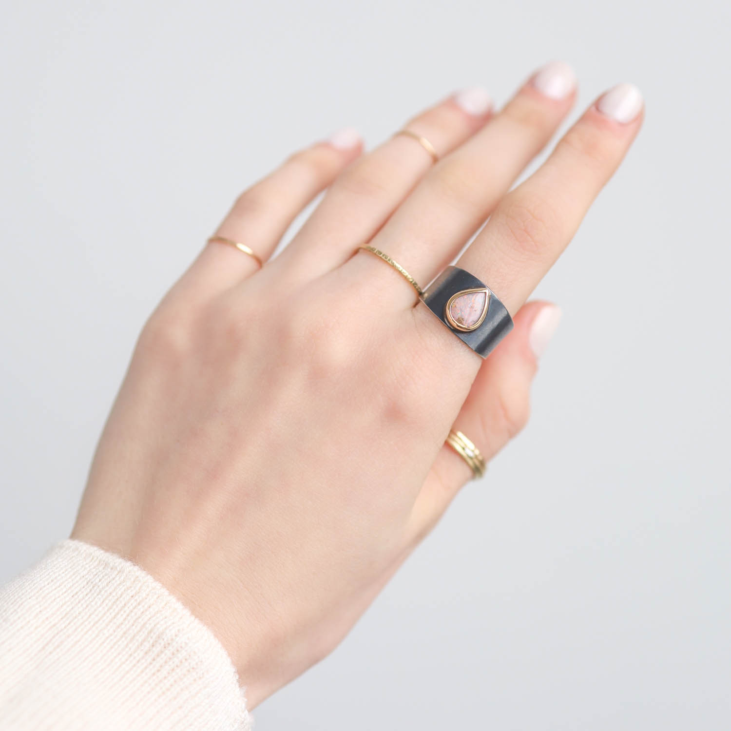 Melissa Joy Manning: Limited edition 14K gold & Oxidized silver cigar band,Opalized fossil wood,size 6