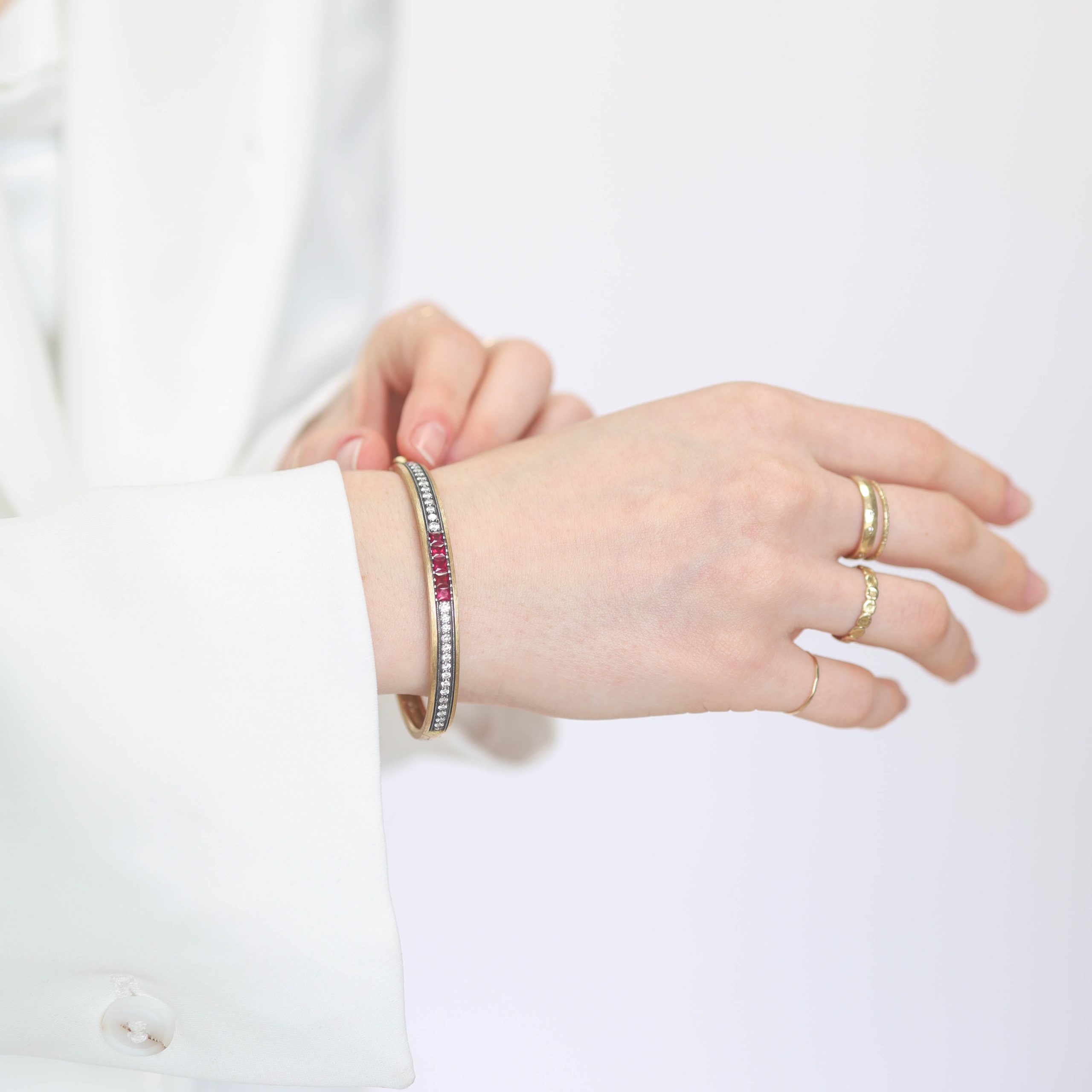 Erica Molinari Trunk Show: Bracelet SS/18k Slim push closure pave bracelet Burma Ruby, Diamonds, .96 TCW