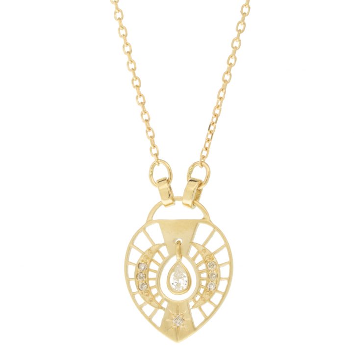 Celine Daoust: Necklace, 14K gold chain, dream catcher open plate pear shape diamond two moons and star, 16" in length, pendant measures 5/8" x 7/16"