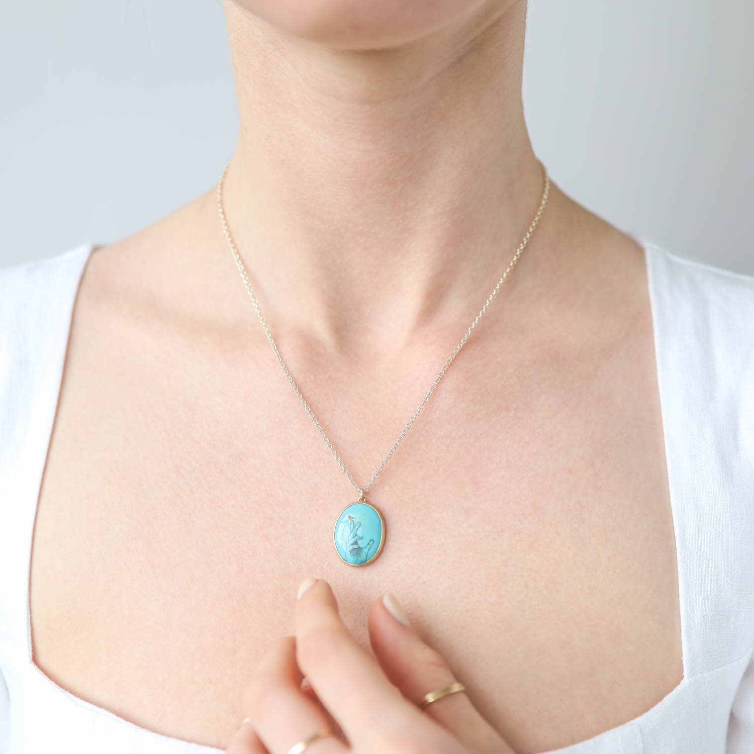 Hannah Blount: Necklace, Scrimshaw, Kingman turquoise + India Ink + Bright Silver + 18K gold 18" in length