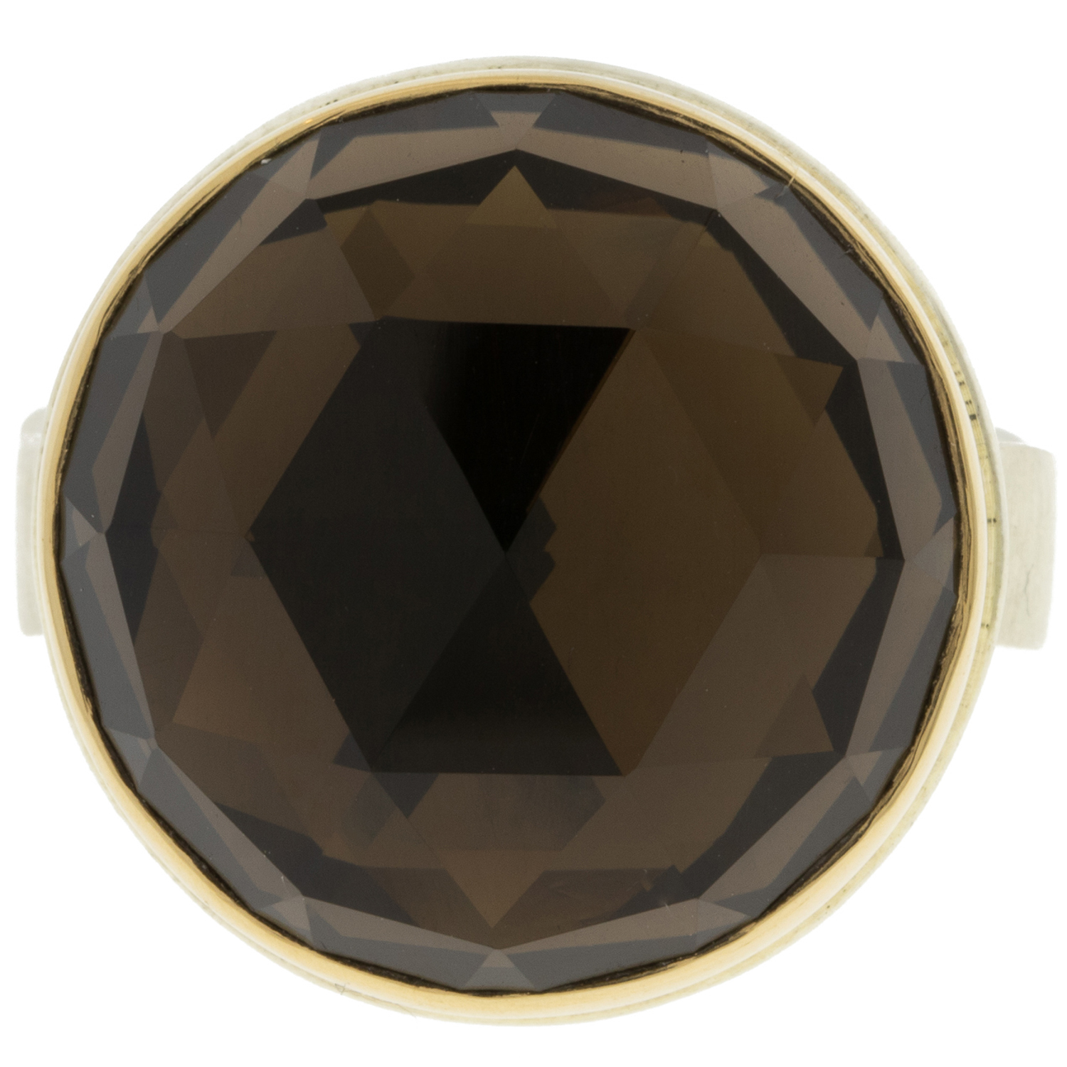 Jamie Joseph: SS & 14k Gold Ring w/ Round Rose Cut Smoky Quartz on Live Edge Band