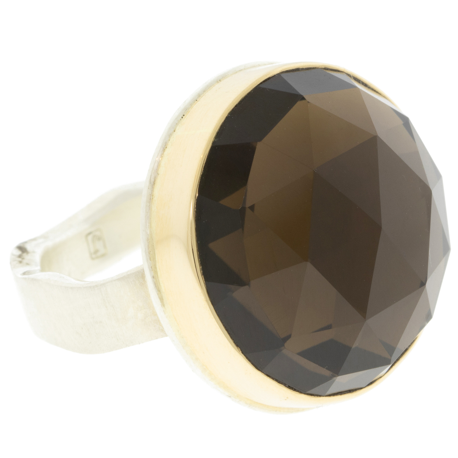 Jamie Joseph: SS & 14k Gold Ring w/ Round Rose Cut Smoky Quartz on Live Edge Band