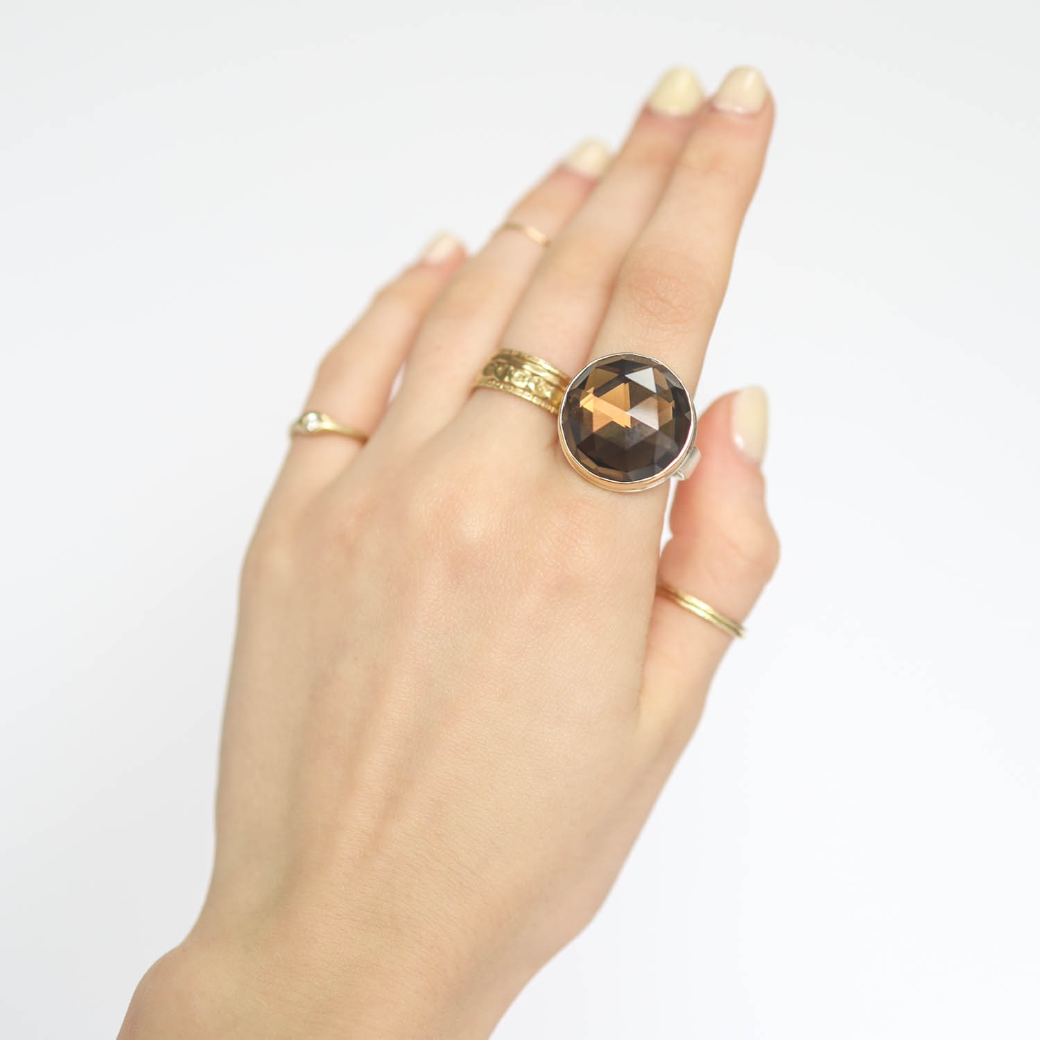 Jamie Joseph: SS & 14k Gold Ring w/ Round Rose Cut Smoky Quartz on Live Edge Band