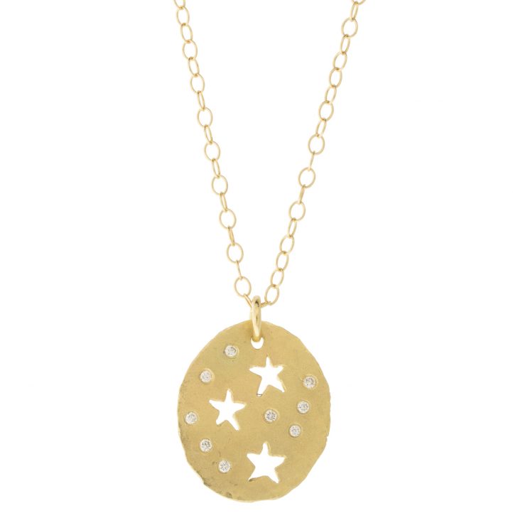 Victoria Cunningham Trunk Show: 14K Oval Disc w/ Cut out Stars [hole punch stars], chain measures 16", Pendant measures 5/8" x 1/2"  including bail