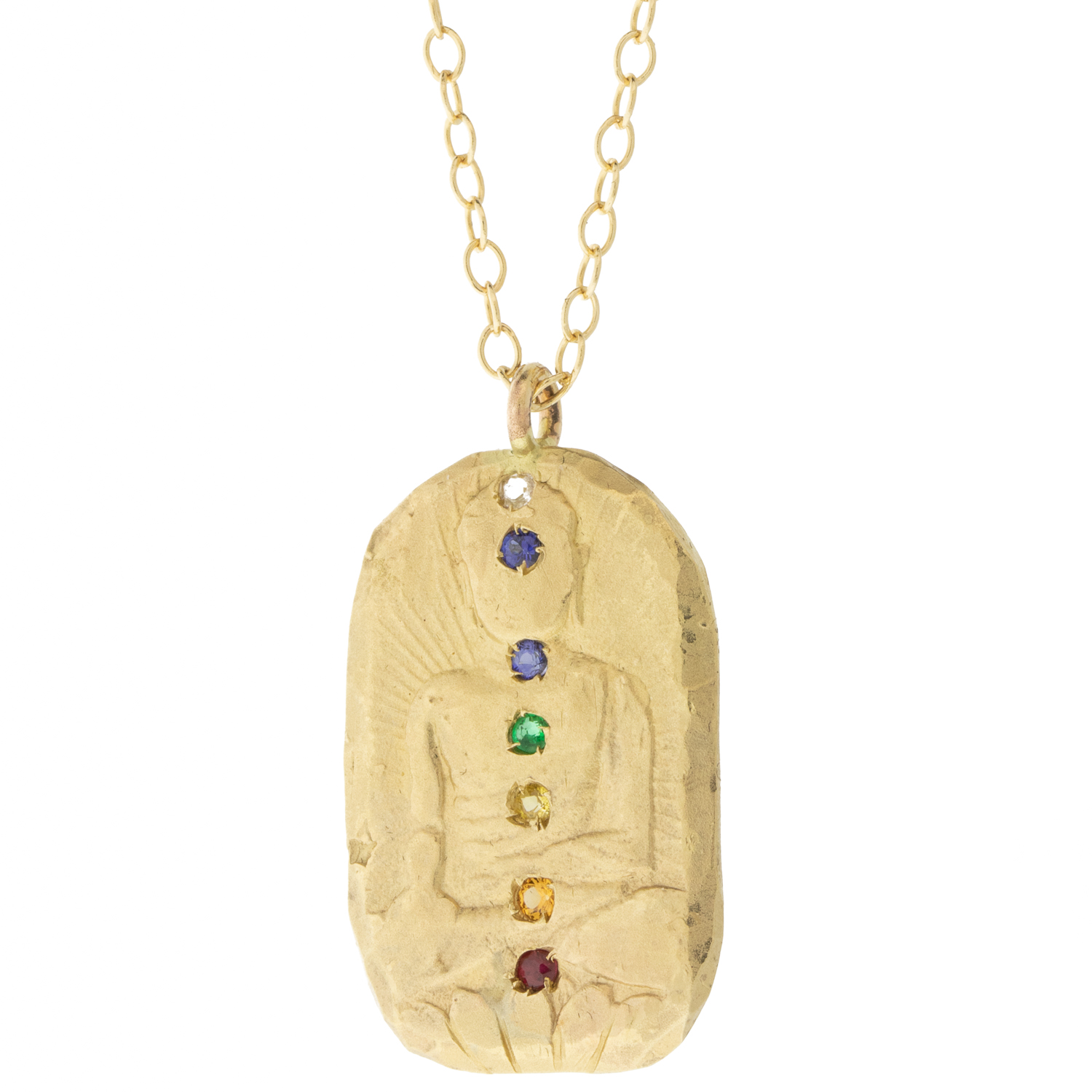 Victoria Cunningham Trunk Show: 14K chakra buddha shrine w/ multi colored sapphires 1" x 9/16" inc bail 19" in length