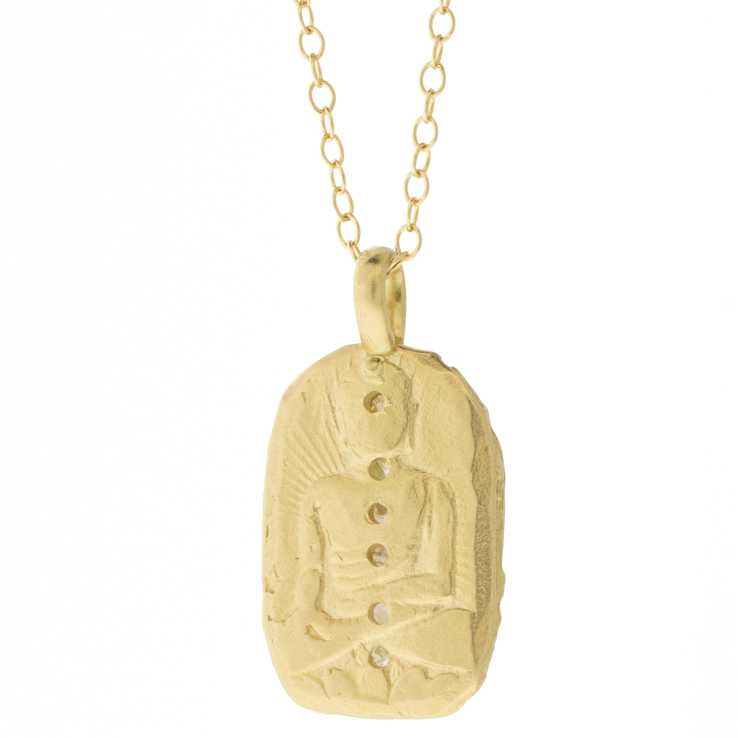 Victoria Cunningham Trunk Show: 14K chakra buddha w/ 3.05 TCW diamond slice window 1 1/16" x 9/16" inc bail 19-21" in length