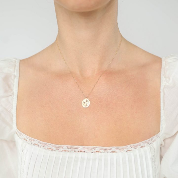 Victoria Cunningham Trunk Show: 14K Oval Disc w/ Cut out Stars [hole punch stars], chain measures 16", Pendant measures 5/8" x 1/2"  including bail