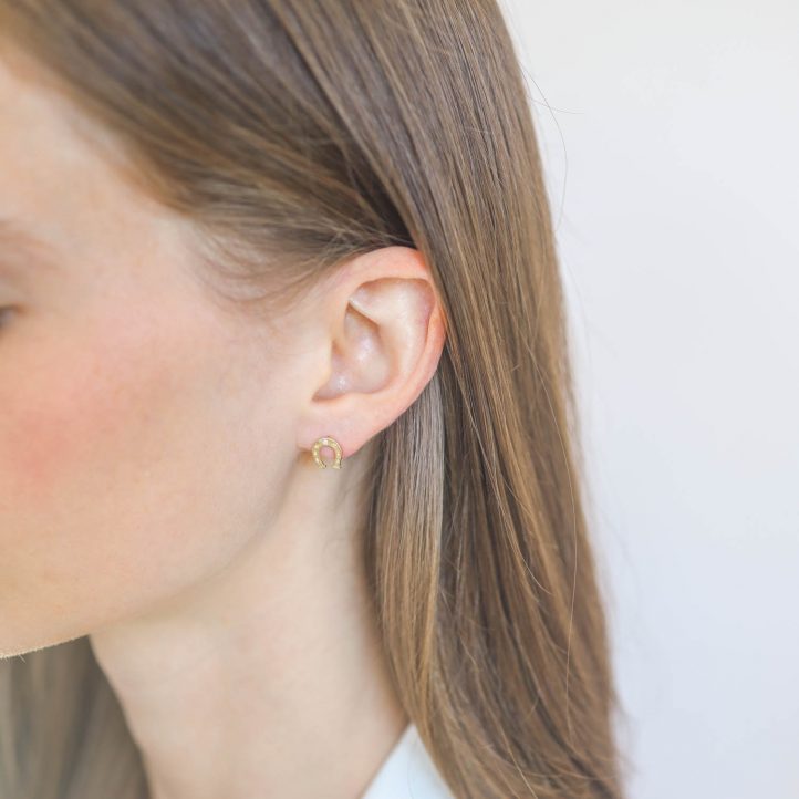 Victoria Cunningham Trunk Show: Earrings, horse shoe post w/ diamond 14K Yellow Gold 5/16" x 5/16"