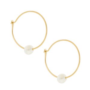 Melissa Joy Manning:  14K Gold Large hoop with floating pearl, hoop measures 7/8" pearl measures 1/4"