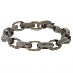 925SUNEERA: Bracelet,NOLAN Black rhodium finish sterling silver w/ alternating  plain &  textured links ,14k white gold tongue clasp,7.5"