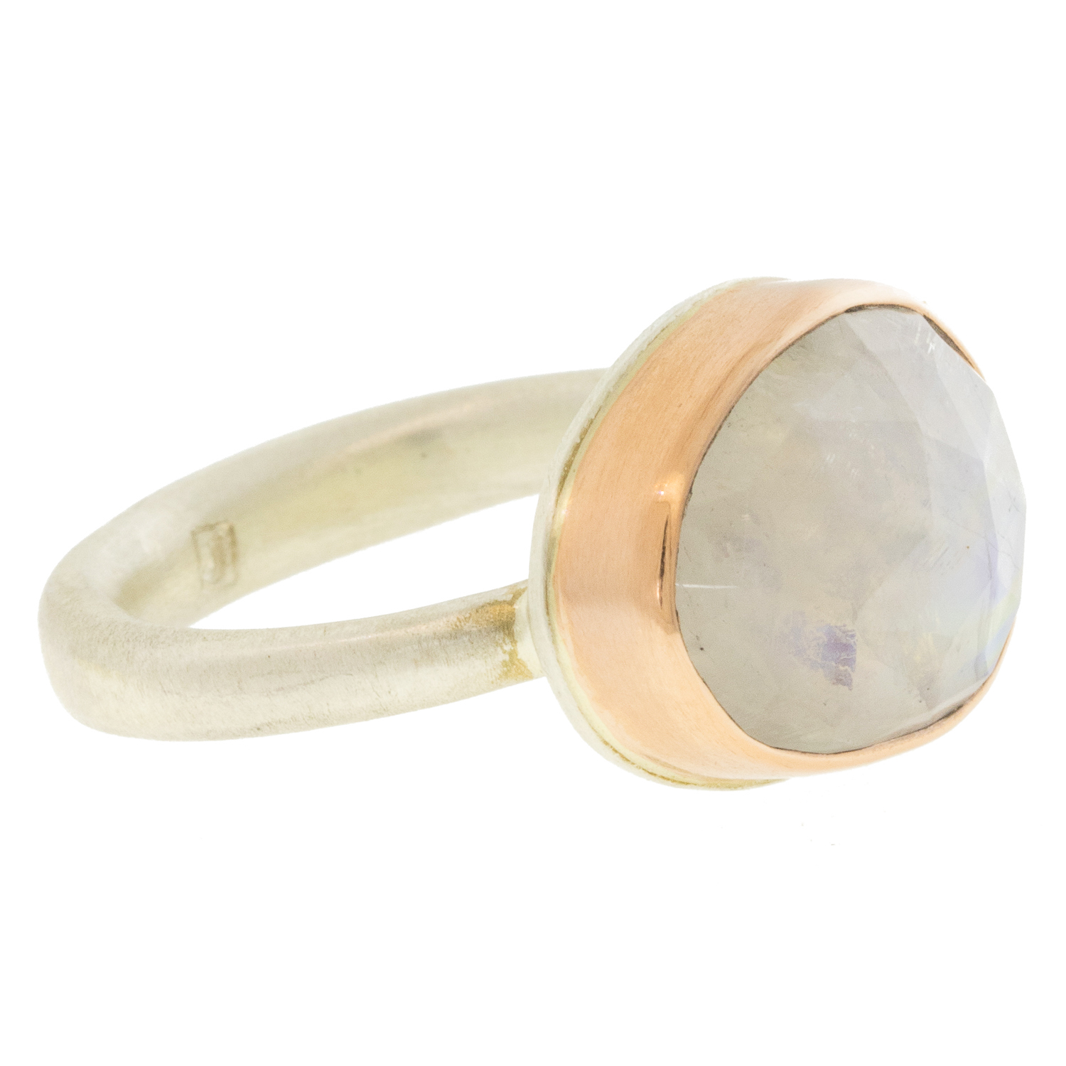 Jamie Joseph: Sterling & 14K Rose Gold Ring w/ Small Asymmetrical Rose Cut WHITE RAINBOW MOONSTONE on Egyptian Band size 7, 7/16" x 9/16"