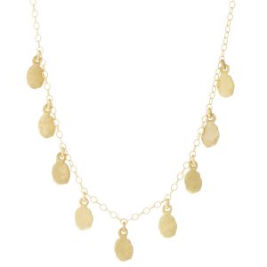 Victoria Cunningham: Necklace, Dangle, Flakes, 9 Small Golden Flakes, 14K Yellow Gold.