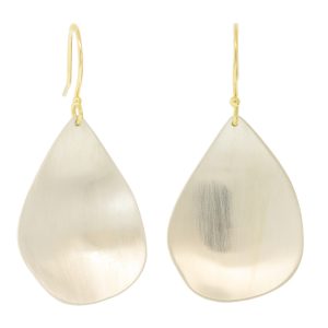 Sarah McGuire: Sterling silver Sway earrings with single calder shape and 18K earwire, measure 1 3/8" x 5/8" including earwire