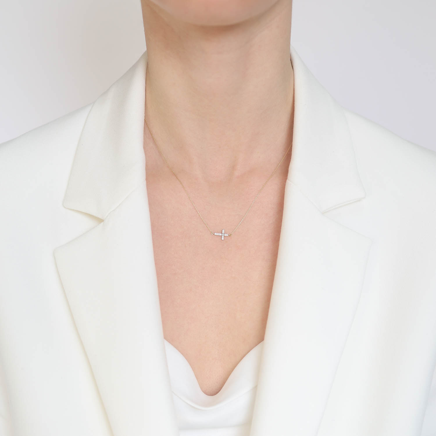 Jude Frances: Necklace, Petites,Sideways Cross Pendant 1/4" x 7/16" , Pave Diamonds,18K Yellow Gold, 18" Adjustable