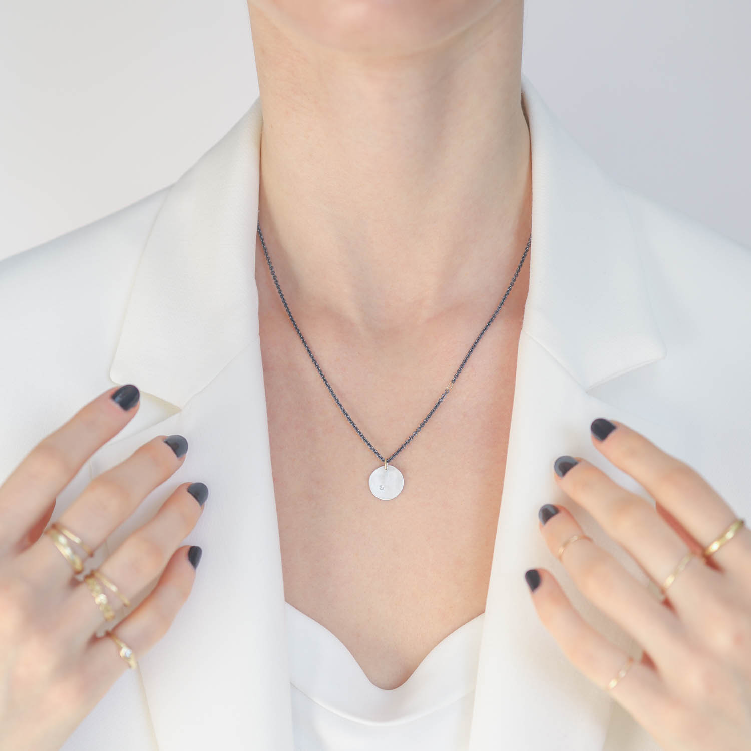 Sarah McGuire: Ursa Minor Necklace, silver disk, 18ky, oxid, 18"