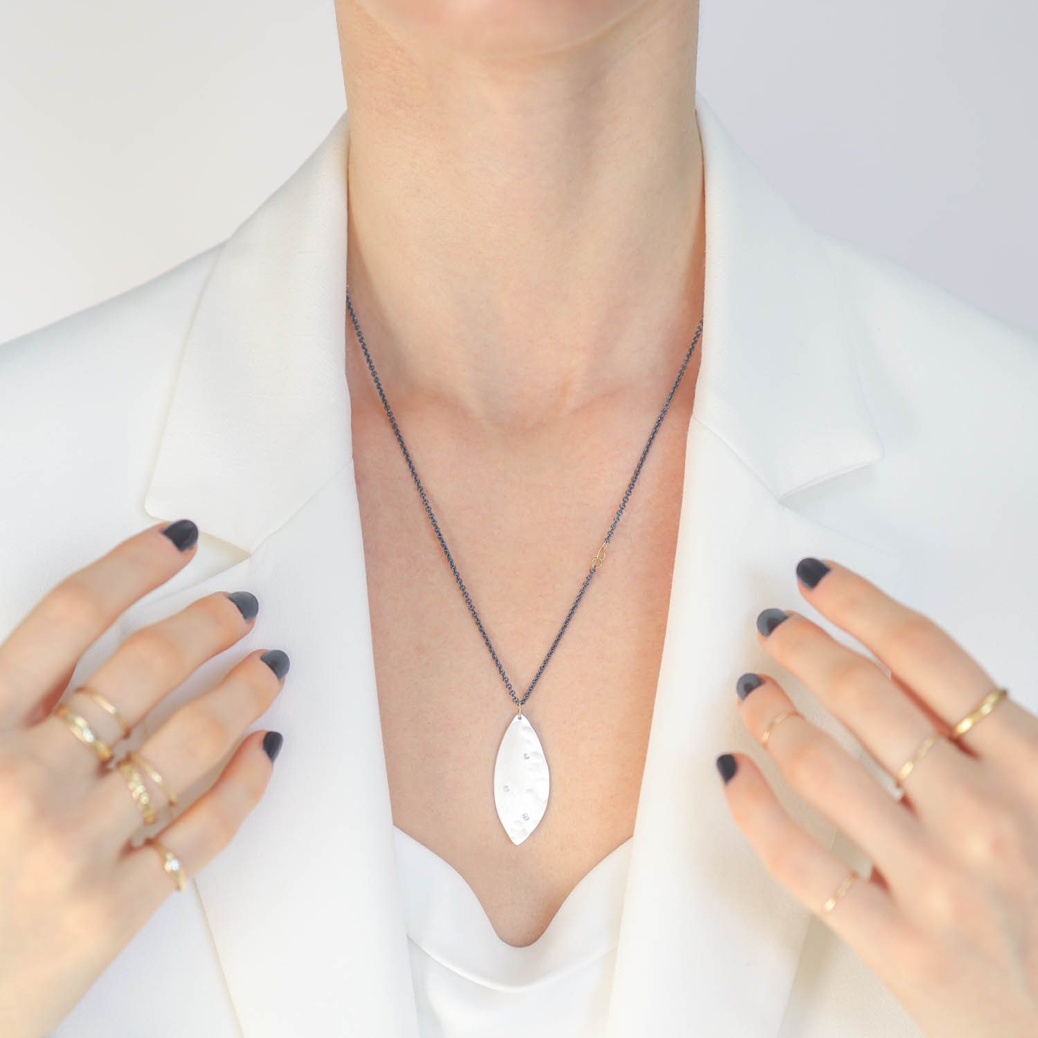 Sarah McGuire: Large Petal Necklace, 3 flush set diamonds, 20"