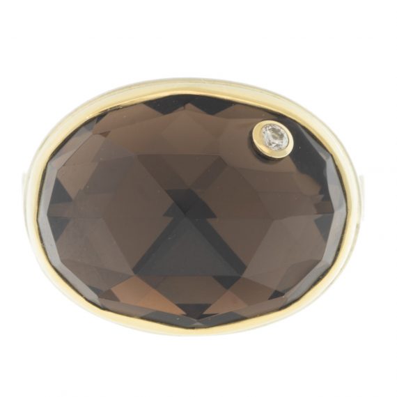 gold and silver ring with smokey quartz and diamond by jewelry designer Jamie Joseph