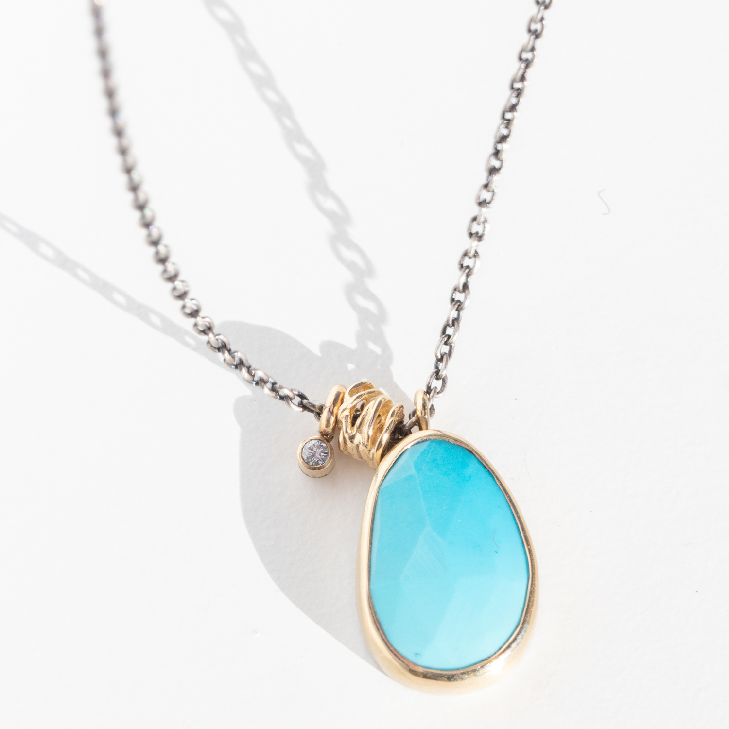 Jamie Joseph Trunk Show: Oxidized Sterling & 14K Gold Necklace w/ Asymmetrical Rose Cut SLEEPING BEAUTY TURQUOISE in Sterling Backed Gold Bezel w/ .025 ct Diamond Accent & Sliding Rings (17.5")