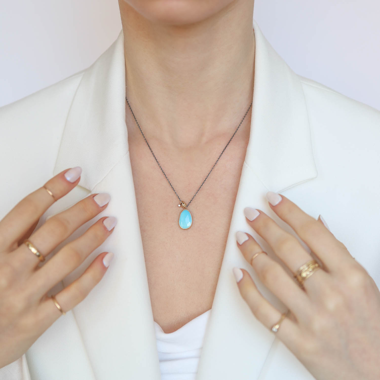 Jamie Joseph Trunk Show: Oxidized Sterling & 14K Gold Necklace w/ Asymmetrical Rose Cut SLEEPING BEAUTY TURQUOISE in Sterling Backed Gold Bezel w/ .025 ct Diamond Accent & Sliding Rings (17.5")