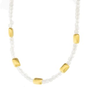LuLu: Lhasa Necklace Moonstone, Adjustable, measures 16"-18", gold beads measure 3/16" in width