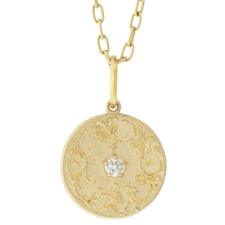 Erica Molinari Trunk Show: 14K center diamond .10 TCW medium round floral "don't forget me"