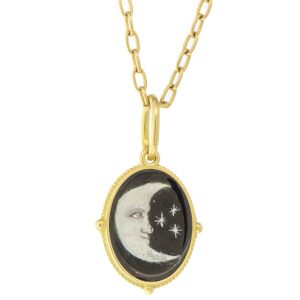 Erica Molinari: 18k, hand painted, vitreous enamel man in the moon