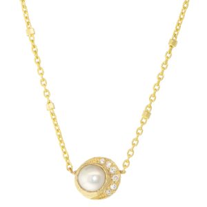 Misa Jewelry: Baby moon pearl necklace, 14k yg, freshwater pearl, white round brilliant diamonds, .03ct, 16"